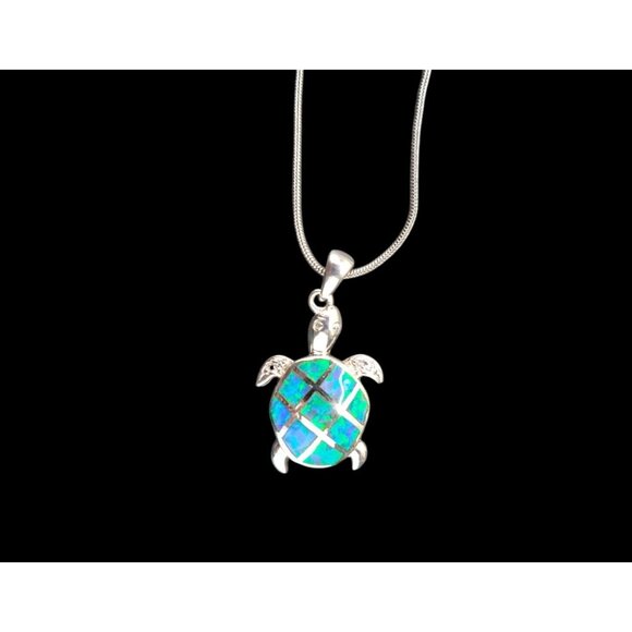 Sea Turtle Pendant Sterling Silver Blue Green Inlay Necklace Chain Is Not Silver - Picture 3 of 10